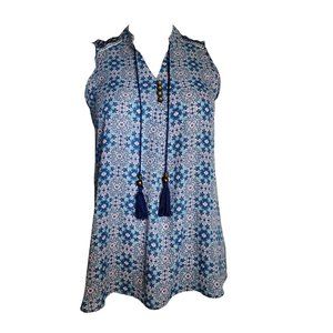 NWT REWIND Blue Pink Floral Sleeveless Pullover Tassel Top Womens Size S Small